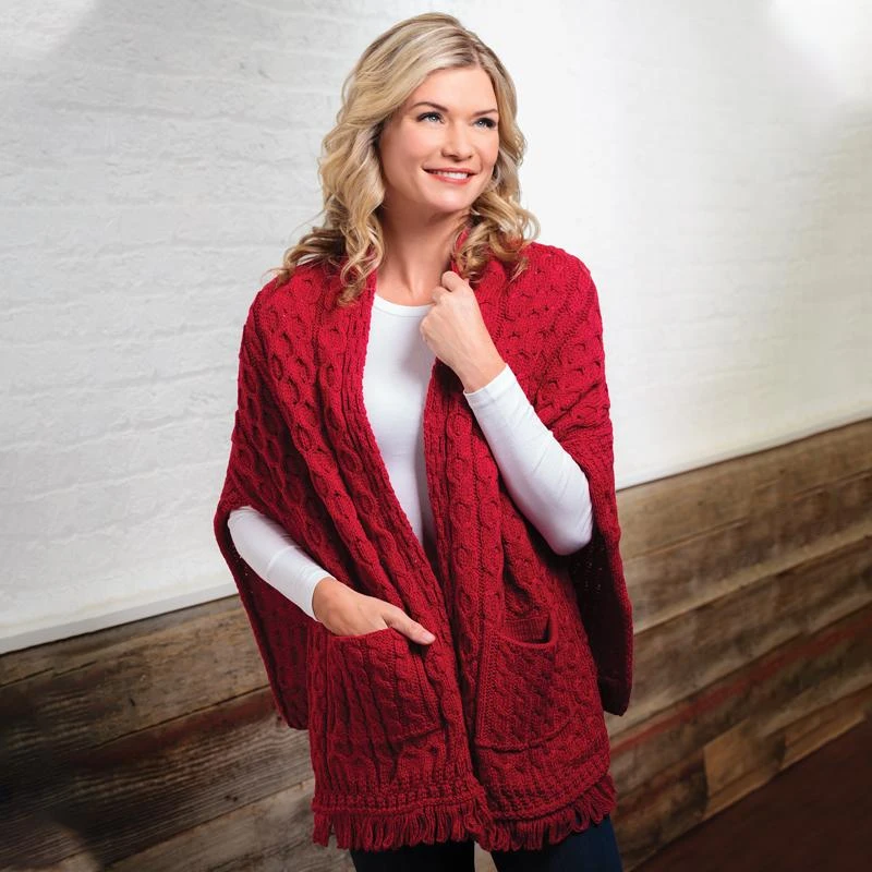 Genuine Irish Wool Wrap With Pockets (Red)