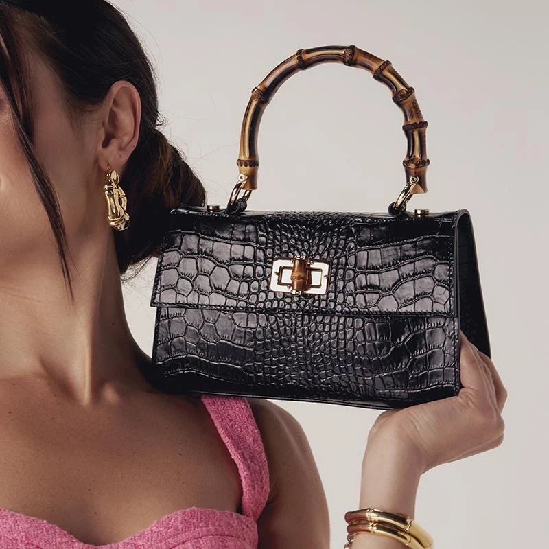 Bamboo Crocodile Handbag (Black) - Image 2