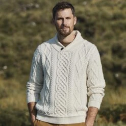 Irish-Style Wool Shawl Collar Sweater (Cream)